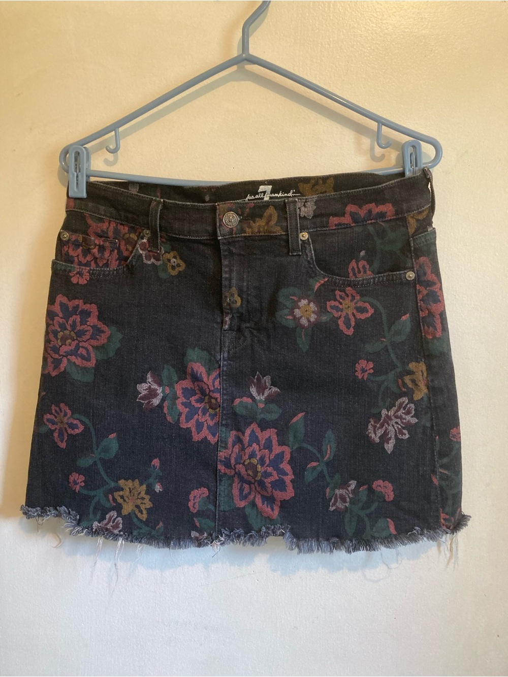 7 For All Mankind Black Denim Mini Skirt with Pink & Green Floral Print